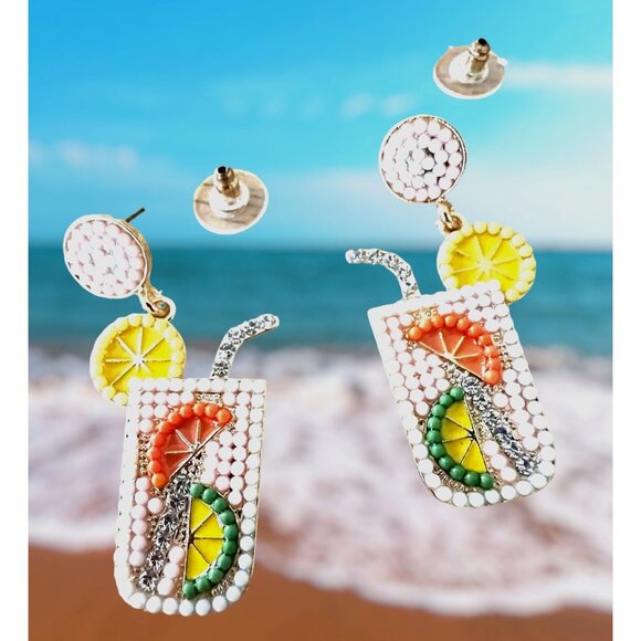 Tropical Cocktail Earrings Beaded Dangle Posts Lemon Lime Cruise Island … - Picture 1 of 12